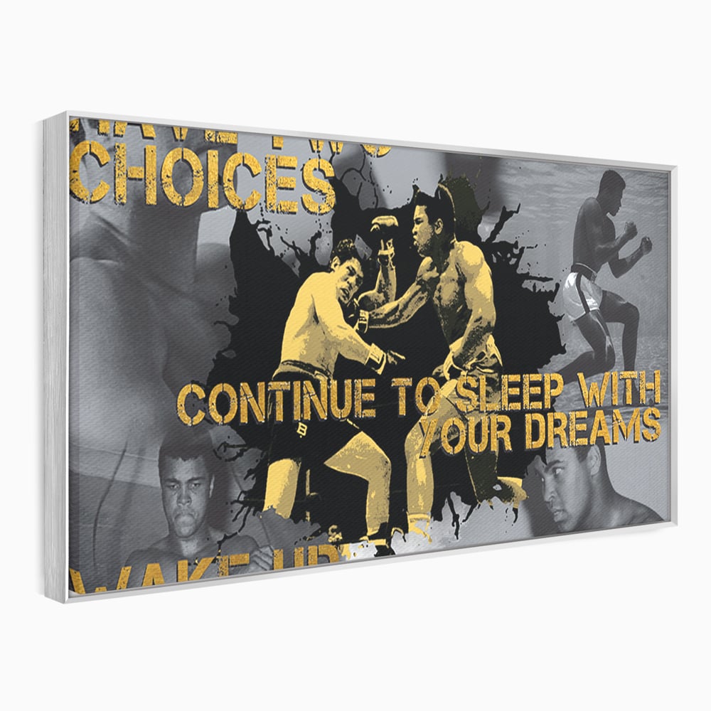Tablou canvas cu tablou canvas motivational cu muhammad ali, in rama de aluminiu argintiu